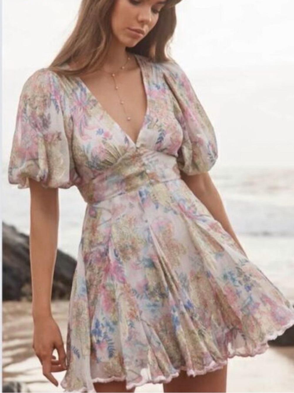 HEMANT & NANDITA Pastel Floral Puff-Sleeve V-Neck Mini Dress - Pink, Blue, Cream